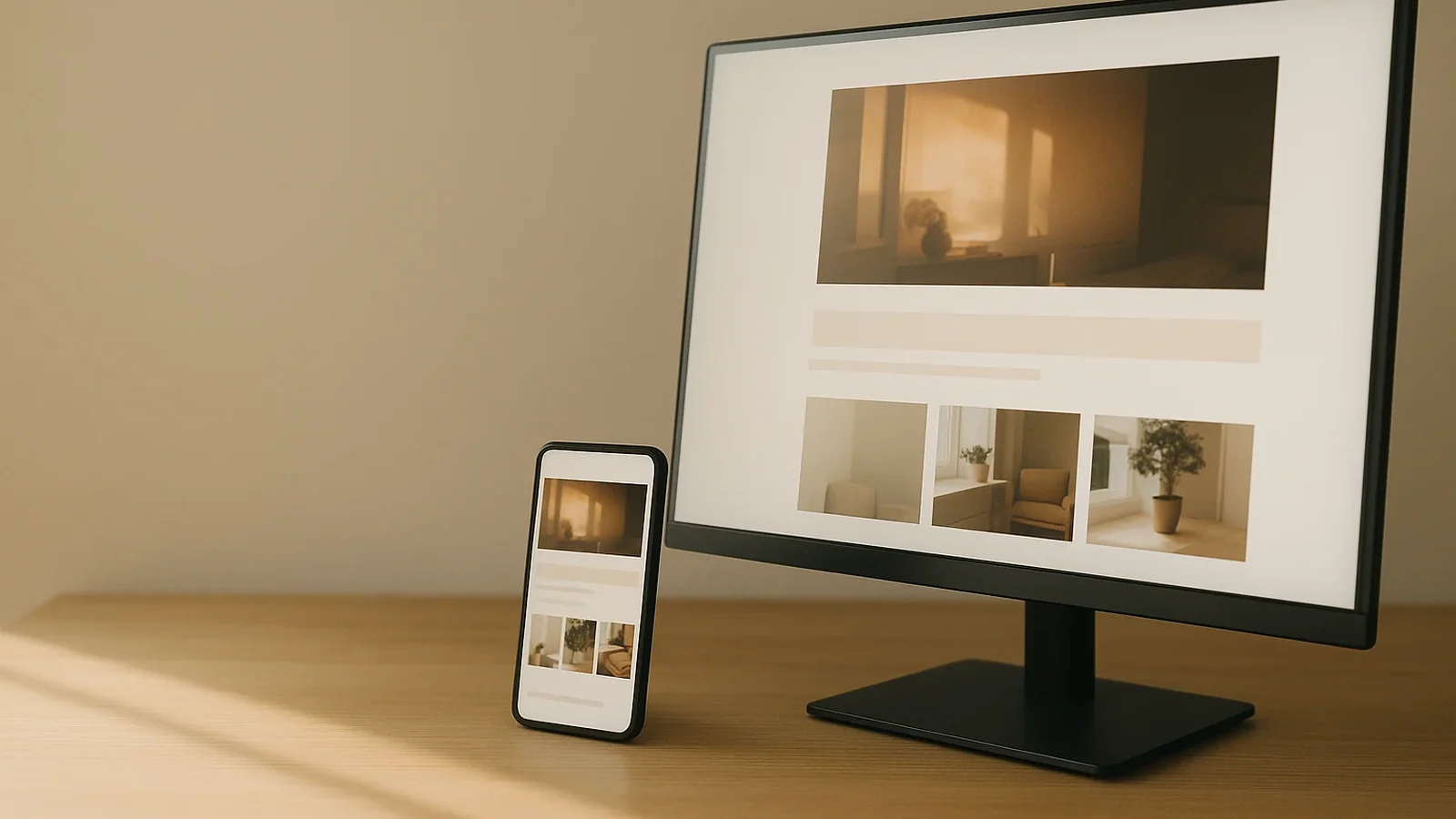 Monitor und Smartphone auf einem hellen Eichentisch, beide zeigen dieselbe moderne Website mit großem Foto und einer Bilderreihe darunter