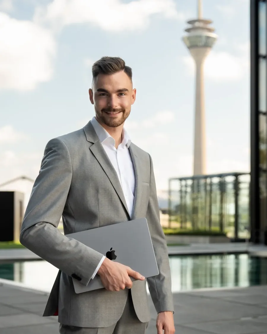 Jan Philipps im Anzug vor dem Düsseldorfer Rheinturm — Ihr persönlicher Ansprechpartner