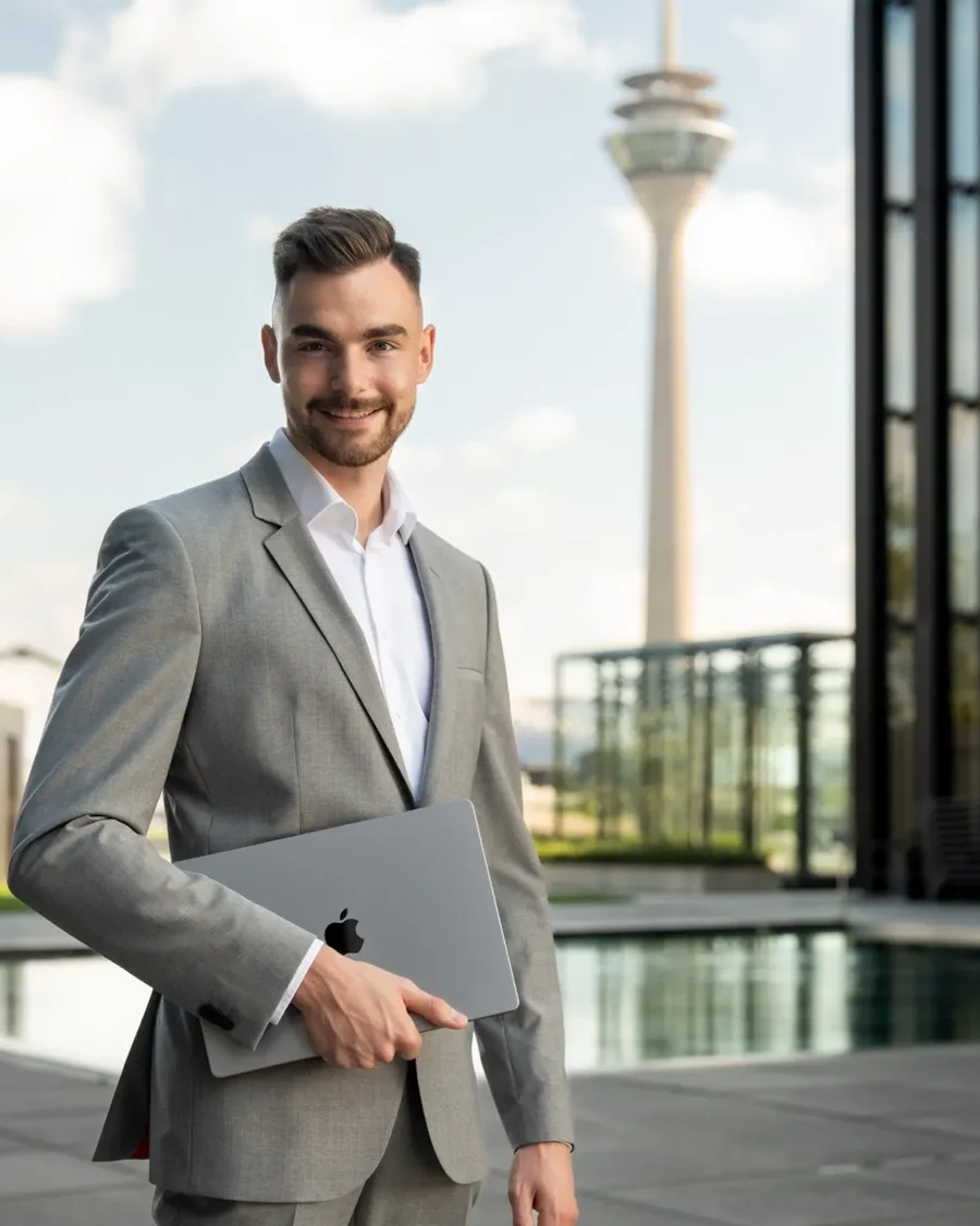 Jan Philipps, SEA-Freelancer, mit MacBook im Düsseldorfer Medienhafen vor dem Rheinturm