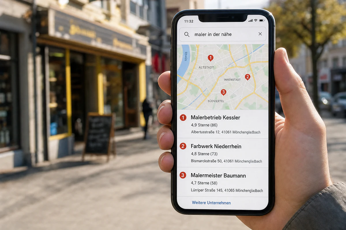 Smartphone in der Hand auf einer Einkaufsstraße: Suche nach „maler in der nähe" mit Karte und drei Betrieben darunter