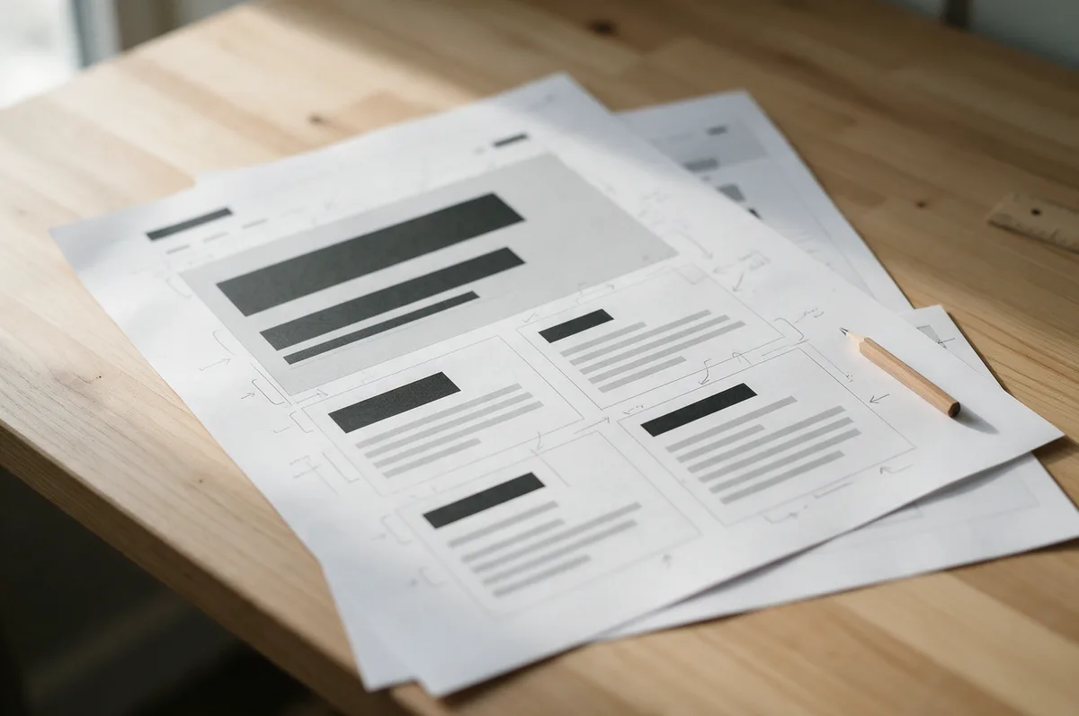 Ausgedruckter Seitenentwurf auf dem Schreibtisch, die Überschriften-Struktur ist mit Bleistift umsortiert