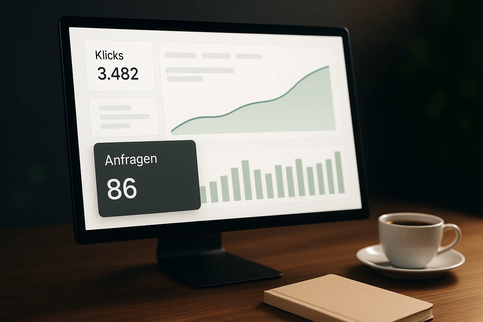 Auswertung einer Kampagne auf dem Monitor mit steigenden Balken und einer Verlaufskurve
