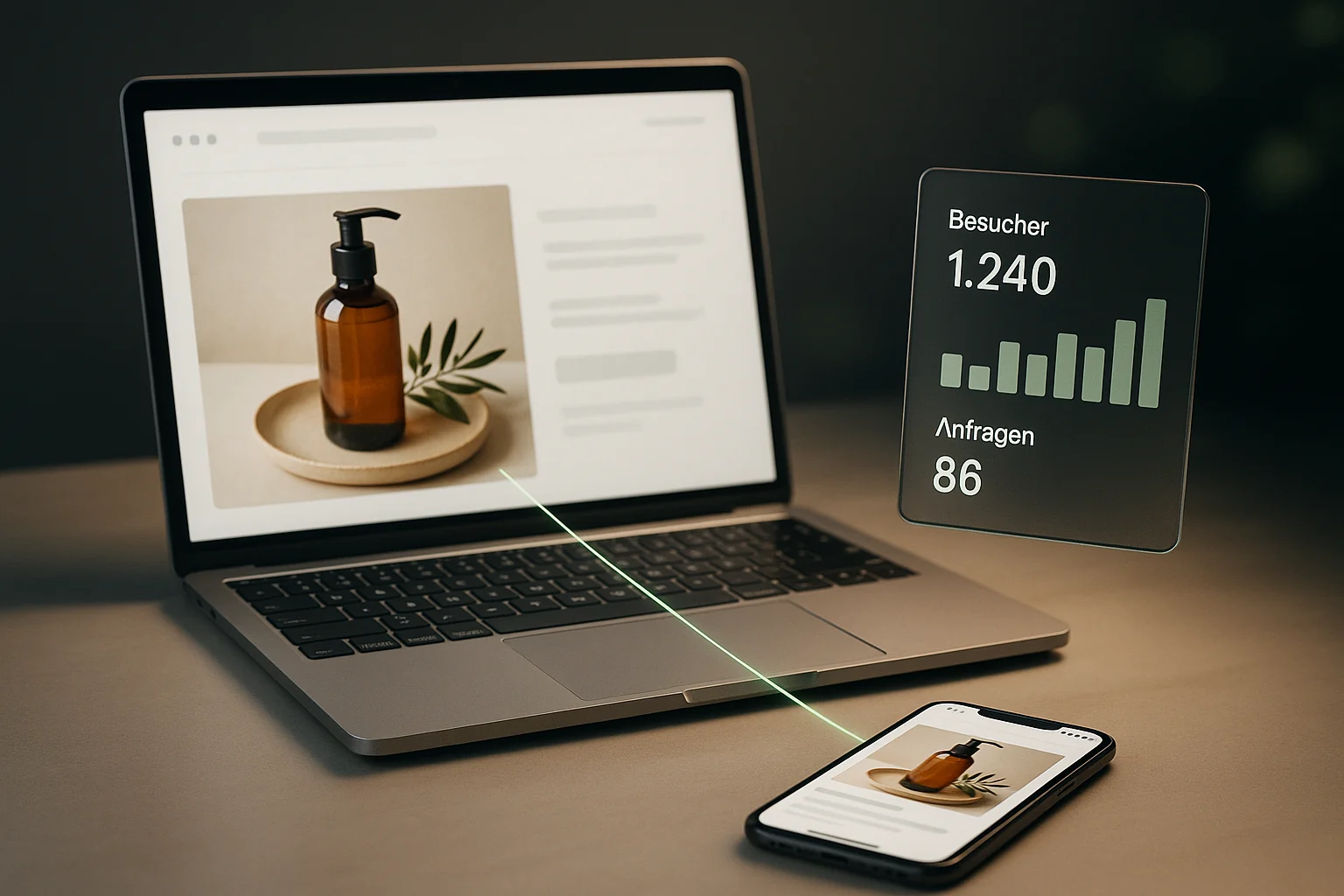 Frau am Laptop, auf dem Smartphone daneben erscheint dieselbe Anzeige noch einmal, verbunden durch eine leuchtende Linie