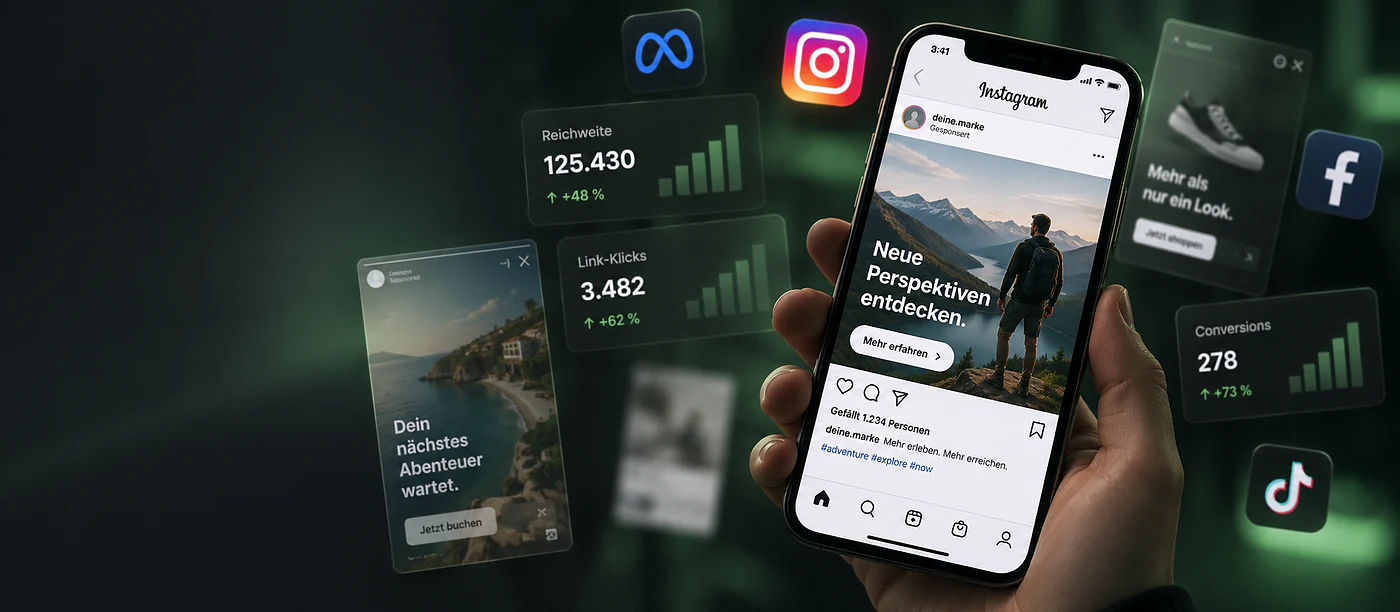 Eine gesponserte Instagram-Anzeige auf einem Smartphone, daneben die Kennzahlen Reichweite, Link-Klicks und Conversions