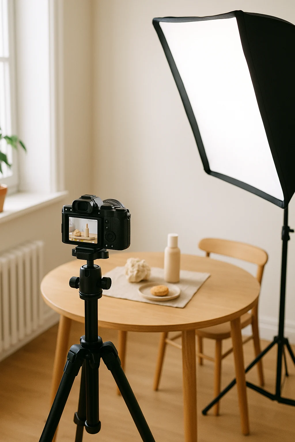 Kamera auf einem Stativ vor einem gestalteten Tisch, daneben eine Softbox in einem hellen Raum