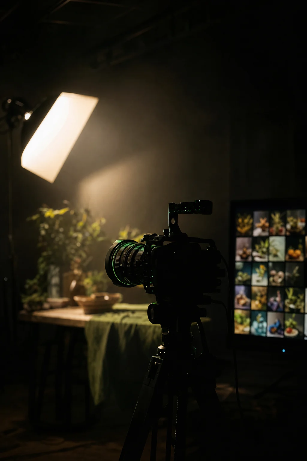 Kamera auf dem Stativ im dunklen Studio, dahinter eine leuchtende Softbox über einem gedeckten Tisch
