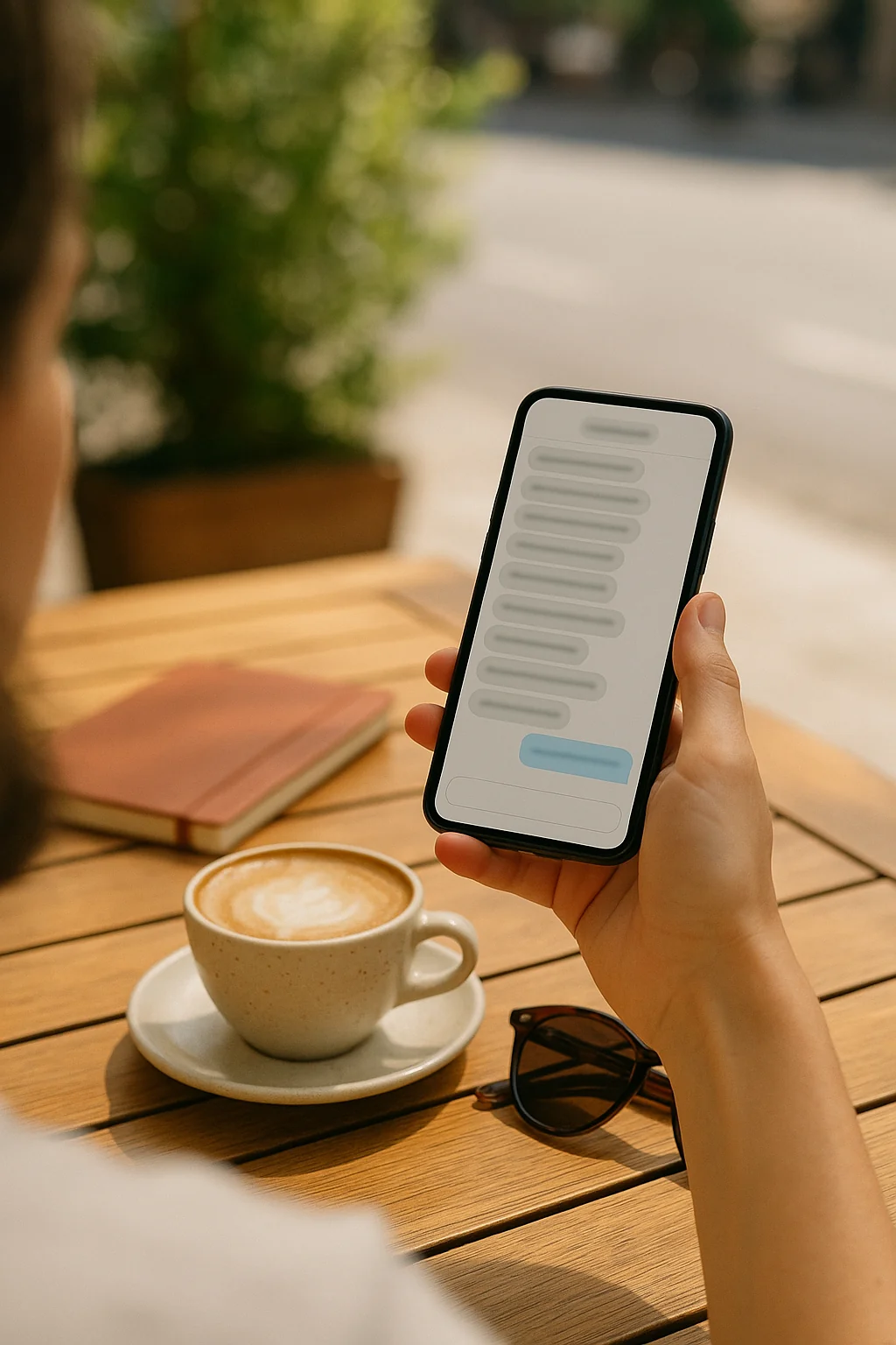 Hand hält am sonnigen Cafétisch ein Smartphone mit einem Chatverlauf