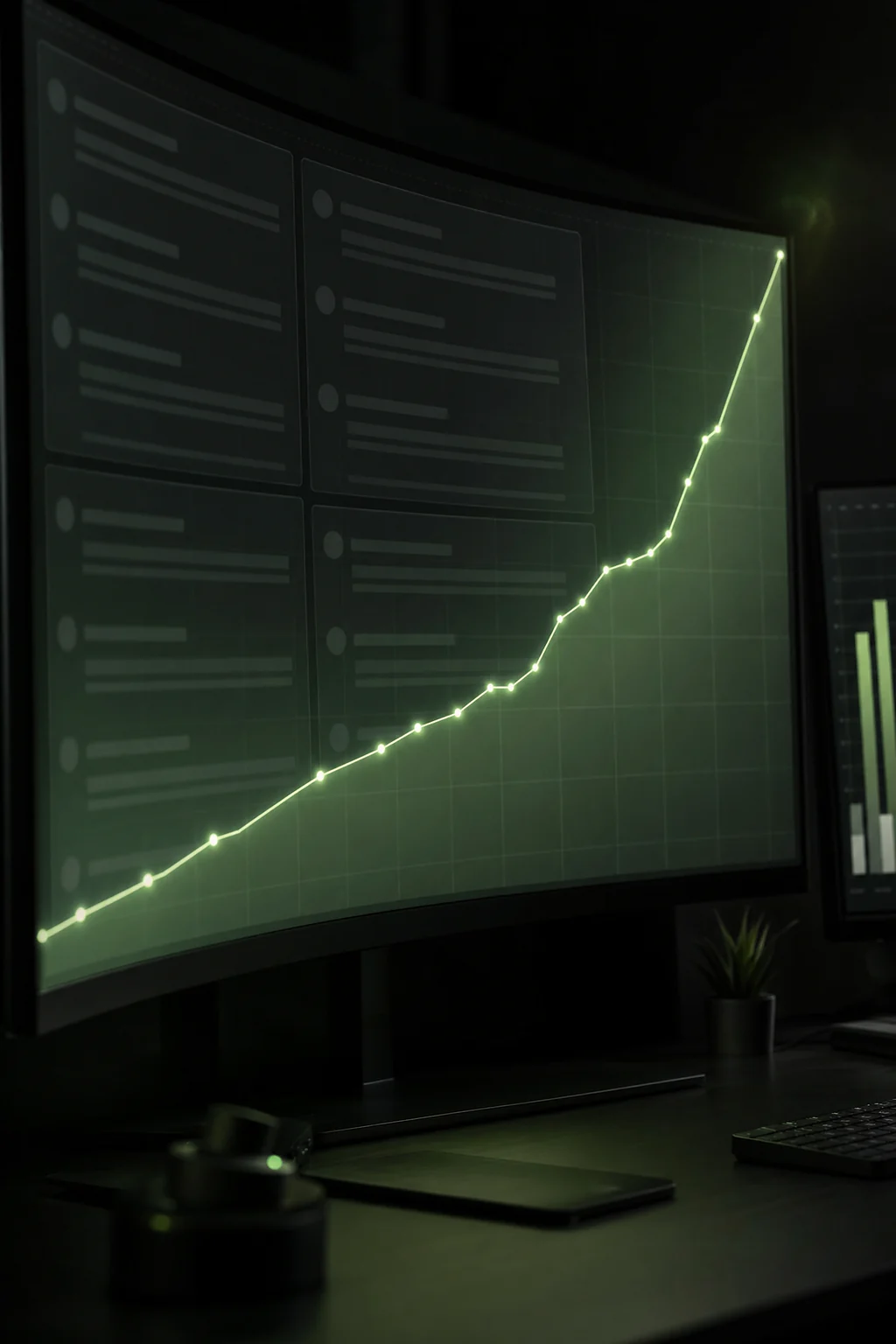 Steil steigende Sichtbarkeitskurve auf einem Monitor, dahinter angedeutete Suchtreffer