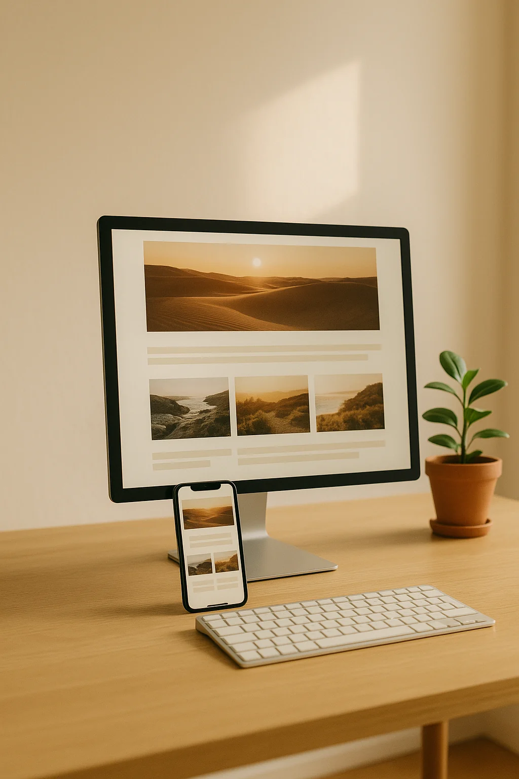 Monitor und Smartphone auf einem hellen Eichentisch, beide zeigen dieselbe moderne Website mit großem Foto und einer Reihe kleinerer Bilder darunter