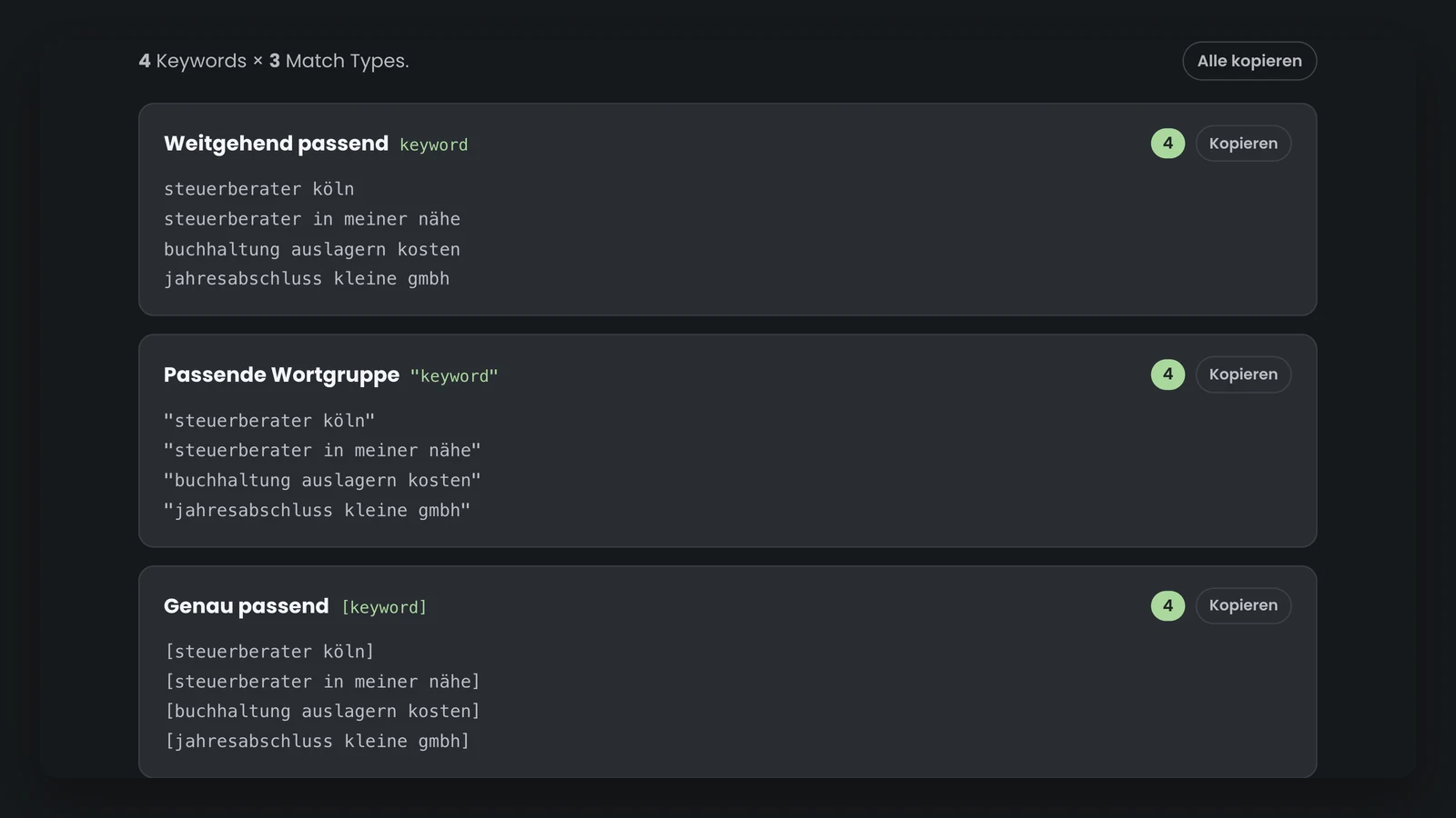 Keyword-Match-Type-Tool: eine Keyword-Liste umgewandelt in weitgehend passend, passende Wortgruppe und genau passend
