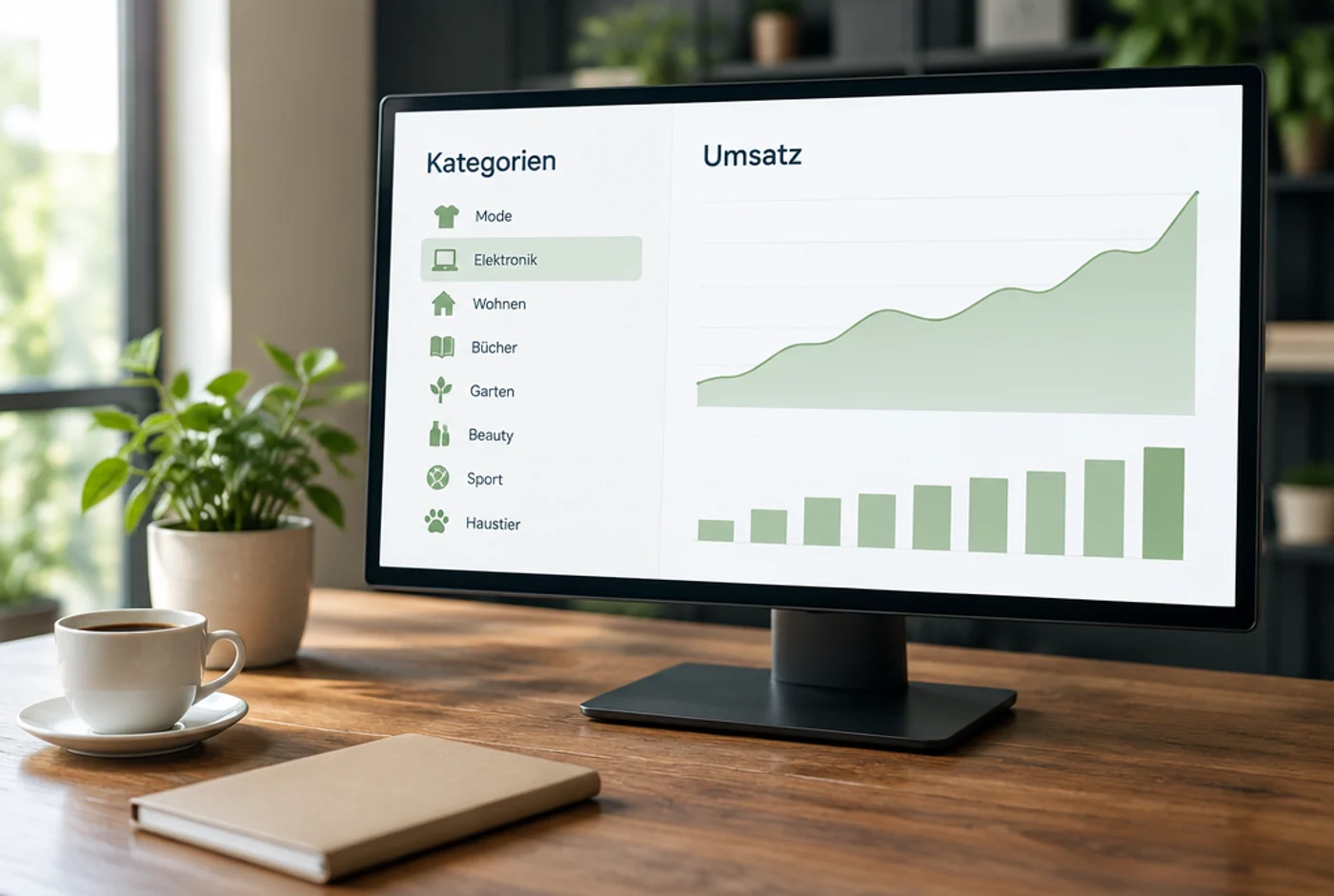 Monitor auf einem Schreibtisch mit der Auswertung eines Onlineshops: Kategorien links, Umsatzkurve rechts