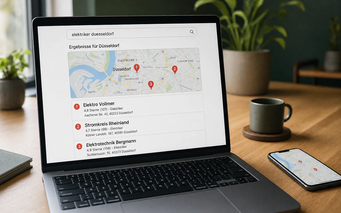Standort-Analyse: Kartenpaket mit drei lokalen Betrieben auf dem Laptop, daneben dieselbe Karte auf dem Handy
