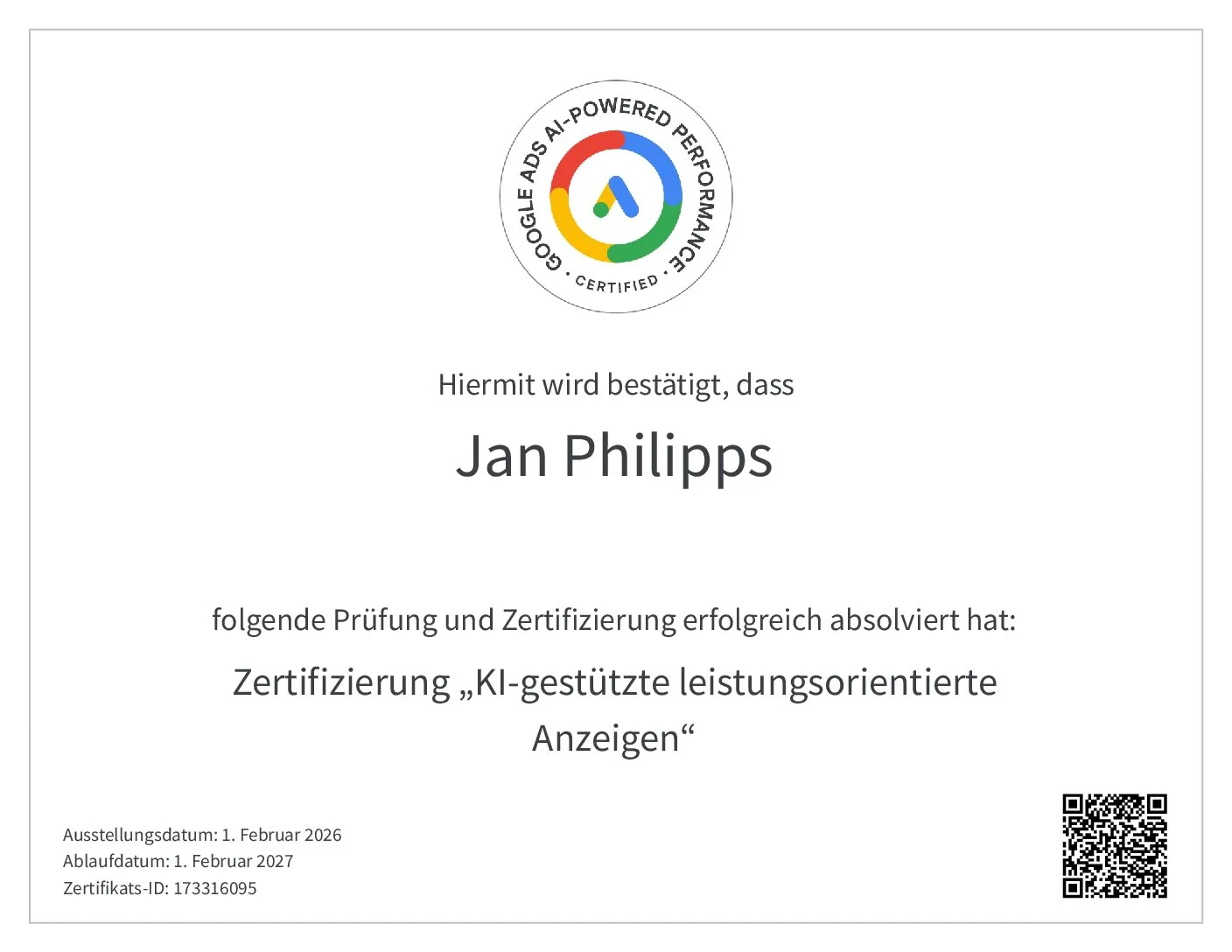 Google AI-Powered Performance Zertifikat