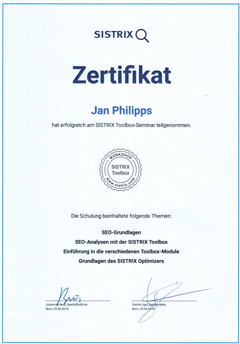 Sistrix Zertifikat